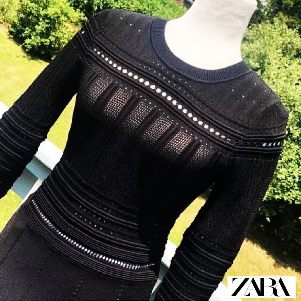 ZARA KNITWEAR Pointelle Stitch Long Sleeves Pullover Style Black Dress Size M
